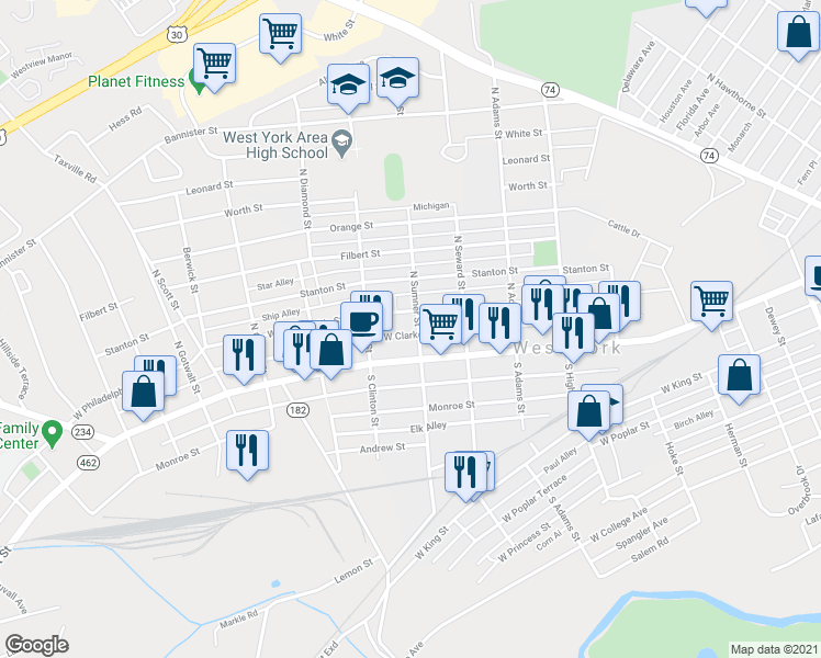 map of restaurants, bars, coffee shops, grocery stores, and more near 30 North Sumner Street in York