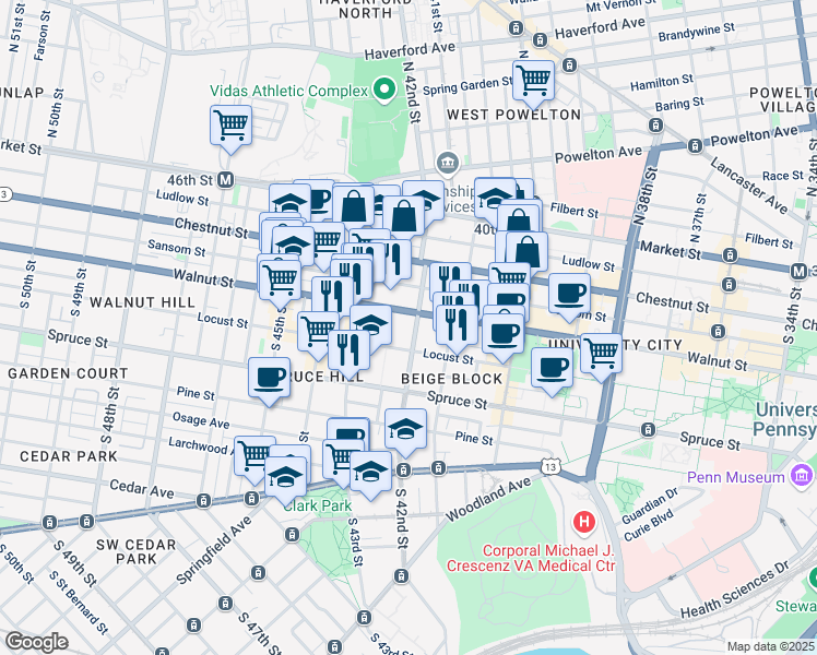 map of restaurants, bars, coffee shops, grocery stores, and more near 200 South 42nd Street in Philadelphia