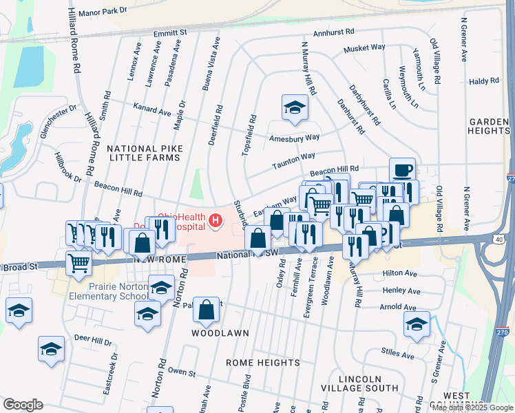 map of restaurants, bars, coffee shops, grocery stores, and more near 5014 Eastham Way in Columbus