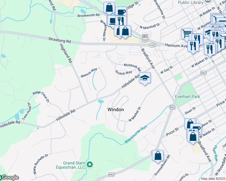 map of restaurants, bars, coffee shops, grocery stores, and more near 781 Hillsdale Road in West Chester