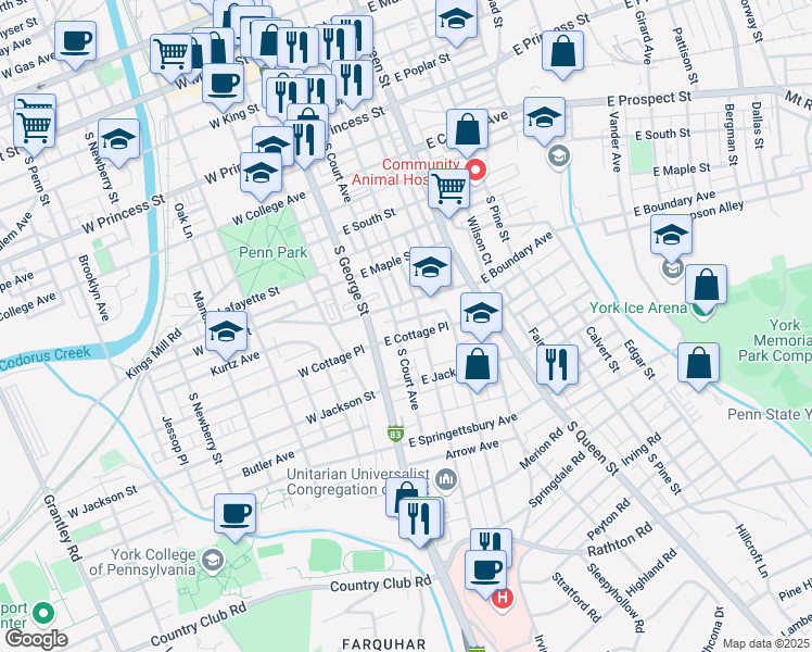 map of restaurants, bars, coffee shops, grocery stores, and more near 39 East Cottage Place in York
