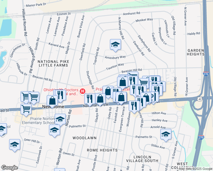 map of restaurants, bars, coffee shops, grocery stores, and more near 4930 Eastham Way in Columbus