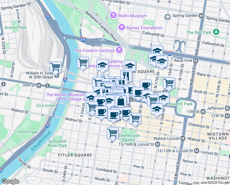 map of restaurants, bars, coffee shops, grocery stores, and more near 2001 Market Street in Philadelphia