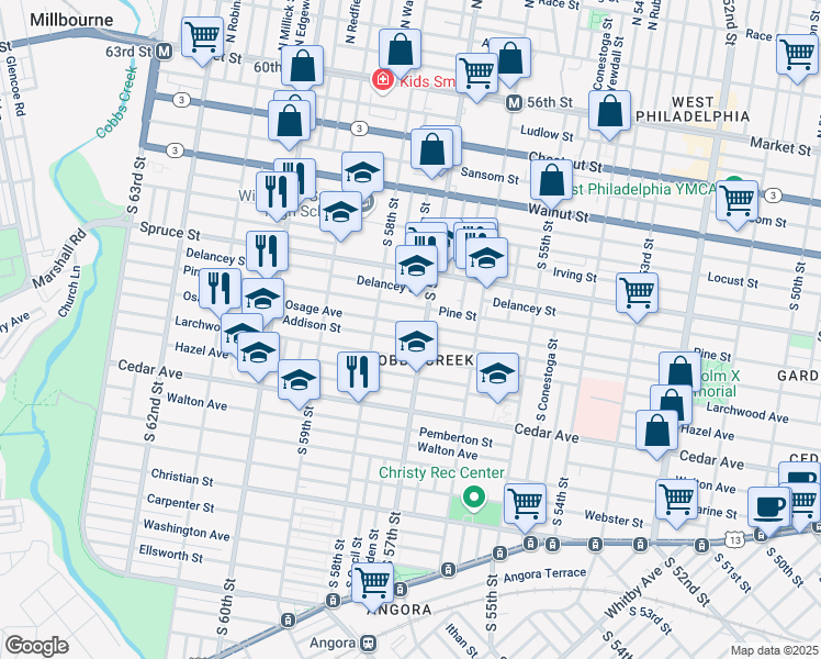 map of restaurants, bars, coffee shops, grocery stores, and more near 5712 Osage Avenue in Philadelphia