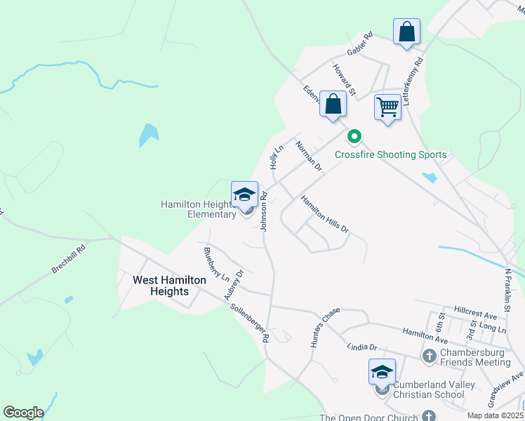 map of restaurants, bars, coffee shops, grocery stores, and more near 1589 Johnson Road in Chambersburg