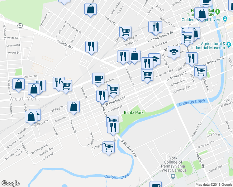 map of restaurants, bars, coffee shops, grocery stores, and more near 820 West Poplar Street in York