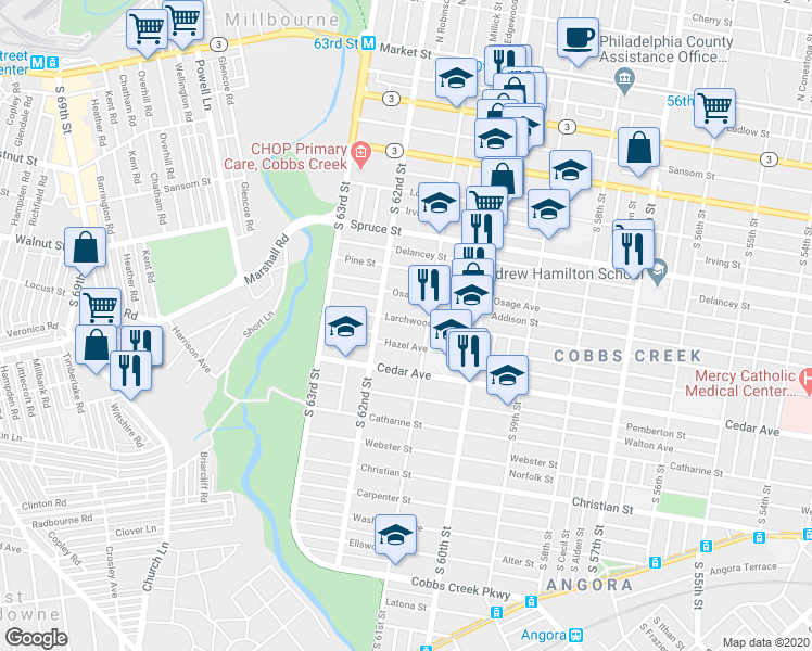 map of restaurants, bars, coffee shops, grocery stores, and more near 6122 Larchwood Avenue in Philadelphia