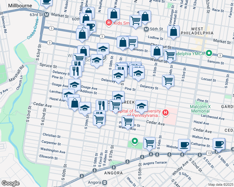 map of restaurants, bars, coffee shops, grocery stores, and more near 5712 Osage Avenue in Philadelphia