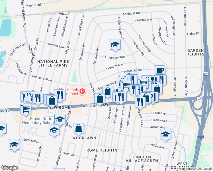 map of restaurants, bars, coffee shops, grocery stores, and more near 4926 Eastham Way in Columbus