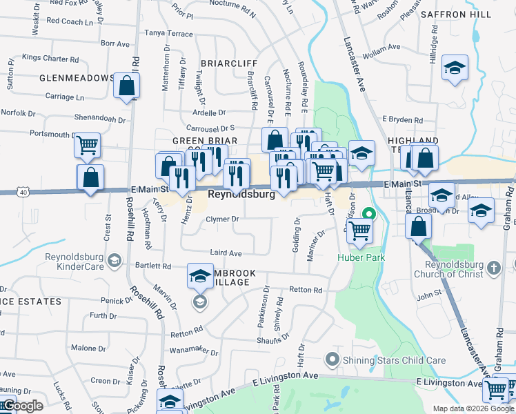 map of restaurants, bars, coffee shops, grocery stores, and more near 6990 Clymer Drive in Reynoldsburg