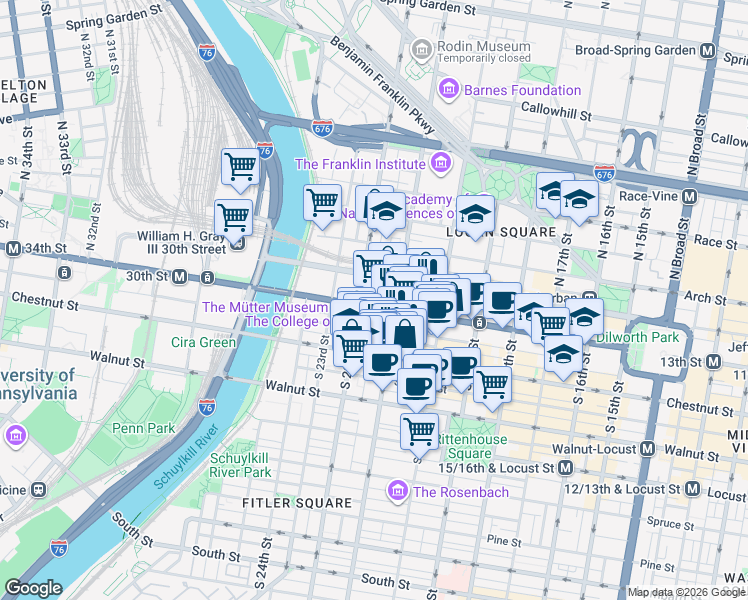 map of restaurants, bars, coffee shops, grocery stores, and more near in Philadelphia
