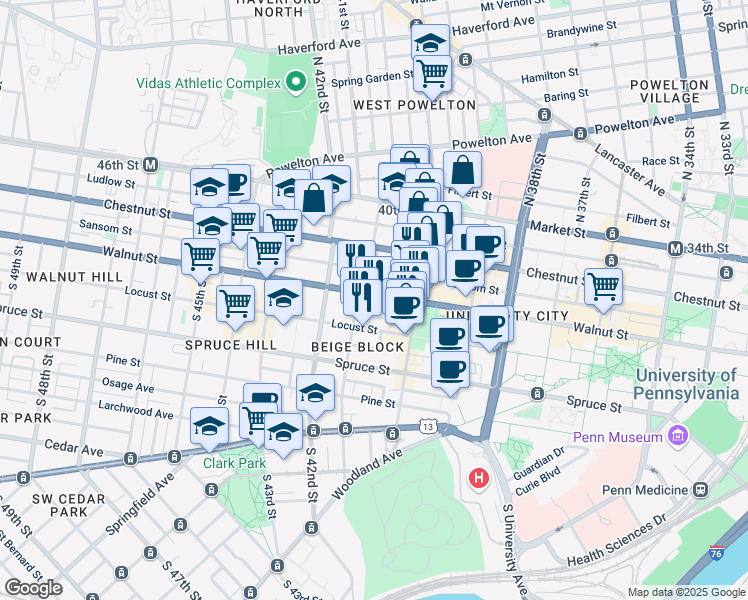 map of restaurants, bars, coffee shops, grocery stores, and more near 4036 Walnut Street in Philadelphia