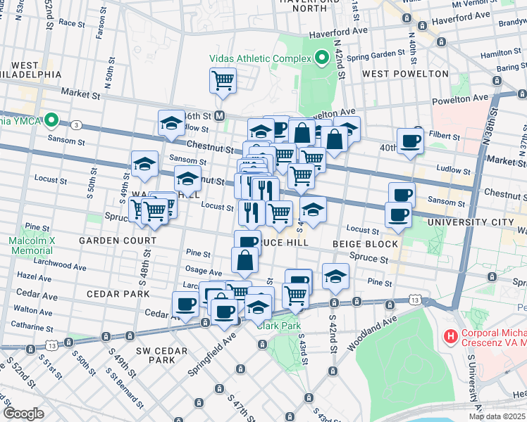 map of restaurants, bars, coffee shops, grocery stores, and more near 236 Buckingham Place in Philadelphia