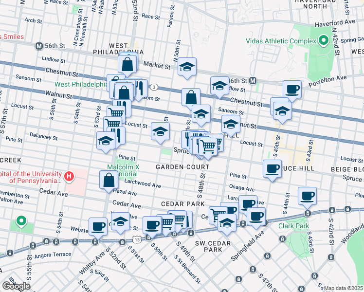 map of restaurants, bars, coffee shops, grocery stores, and more near 4901 Spruce Street in Philadelphia