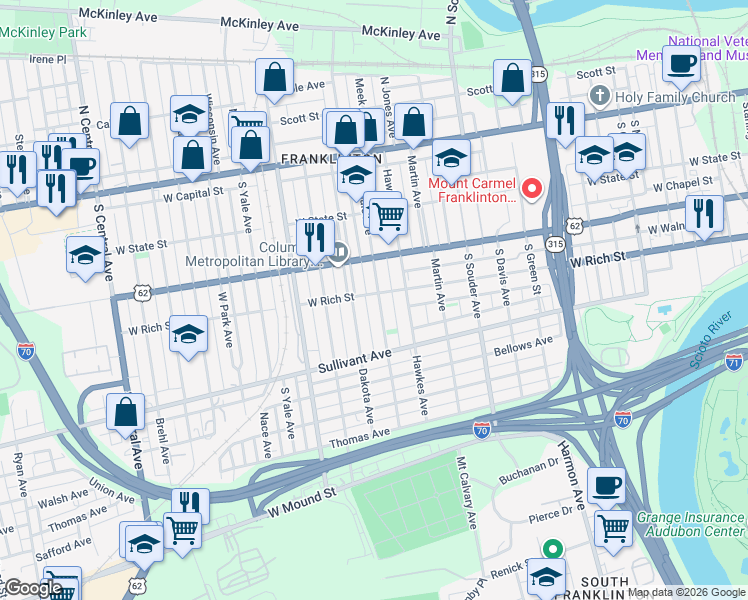 map of restaurants, bars, coffee shops, grocery stores, and more near 243 Avondale Avenue in Columbus