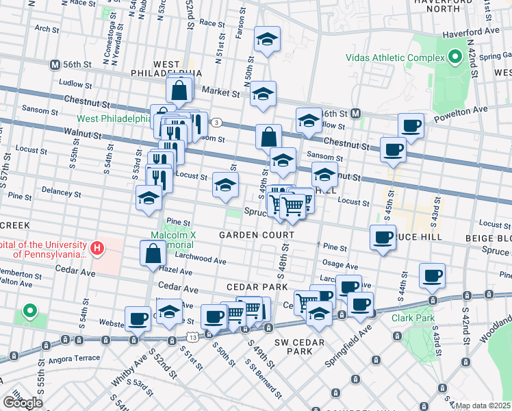 map of restaurants, bars, coffee shops, grocery stores, and more near 4901 Spruce Street in Philadelphia