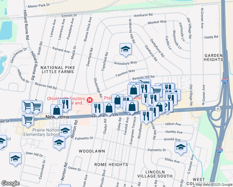 map of restaurants, bars, coffee shops, grocery stores, and more near 4924 Eastham Way in Columbus
