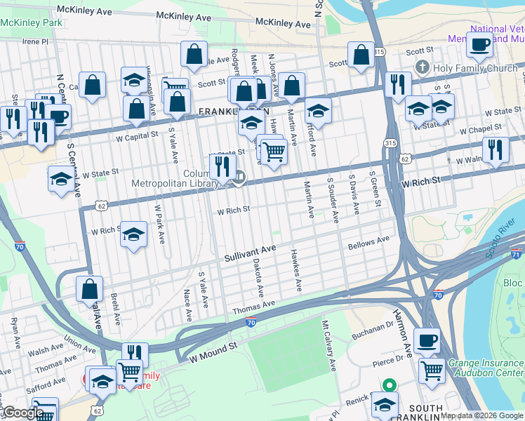 map of restaurants, bars, coffee shops, grocery stores, and more near 243 Avondale Avenue in Columbus