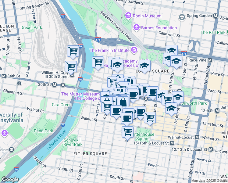 map of restaurants, bars, coffee shops, grocery stores, and more near 2121 Market Street in Philadelphia