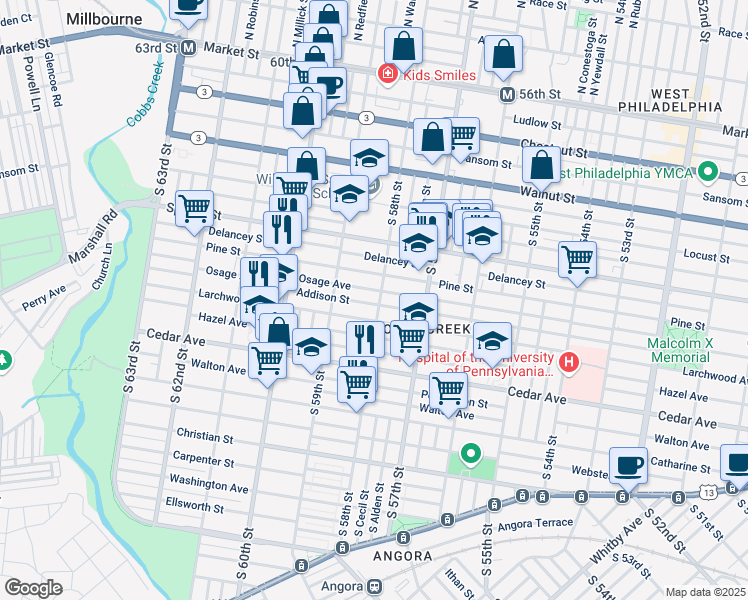 map of restaurants, bars, coffee shops, grocery stores, and more near 5805 Addison Street in Philadelphia