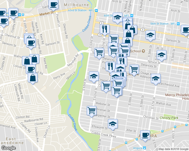 map of restaurants, bars, coffee shops, grocery stores, and more near 6219 Hazel Avenue in Philadelphia