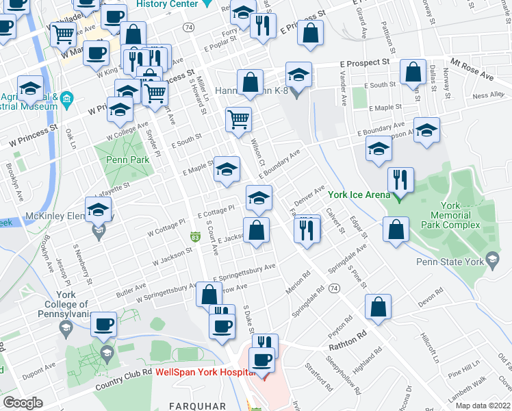 map of restaurants, bars, coffee shops, grocery stores, and more near 178 East Cottage Place in York