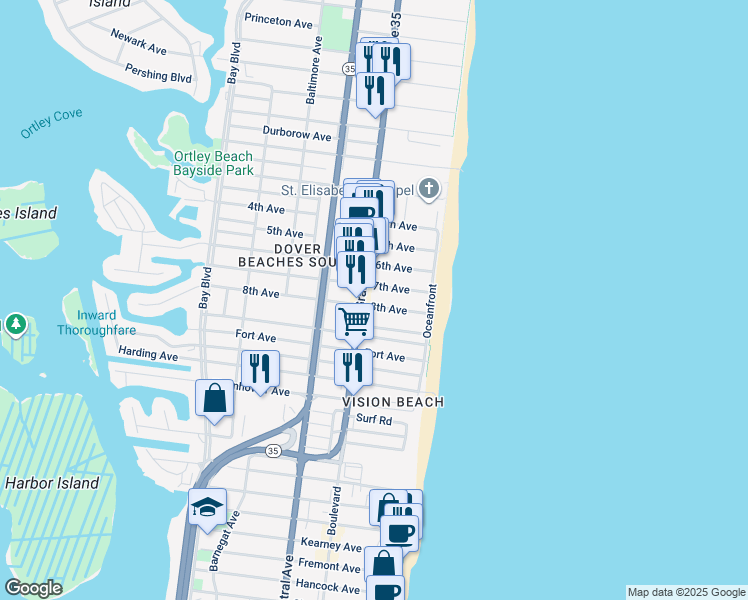map of restaurants, bars, coffee shops, grocery stores, and more near 24 8th Avenue in Seaside Heights