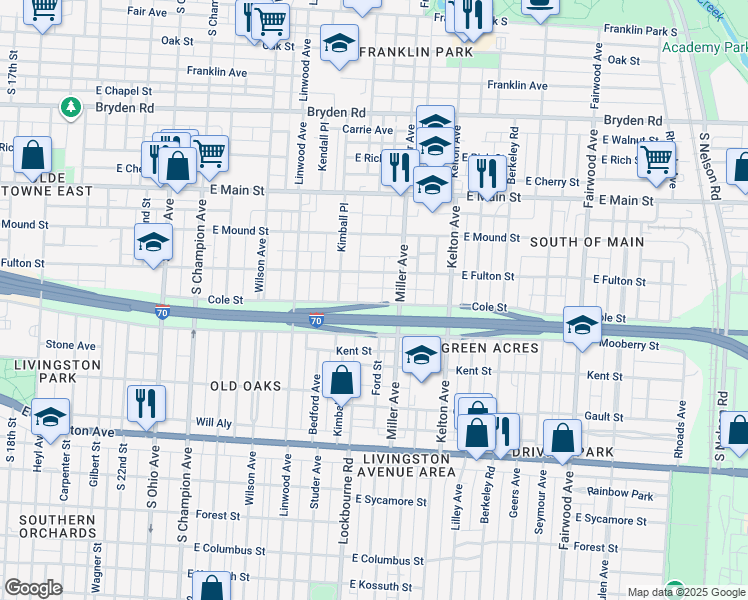 map of restaurants, bars, coffee shops, grocery stores, and more near 1366 Cole Street in Columbus