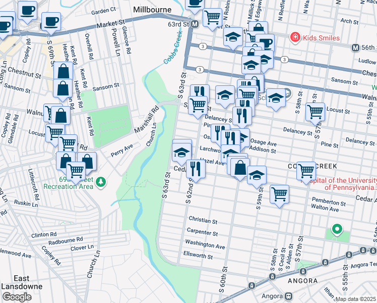 map of restaurants, bars, coffee shops, grocery stores, and more near 6219 Hazel Avenue in Philadelphia
