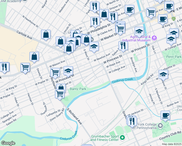 map of restaurants, bars, coffee shops, grocery stores, and more near 606 Salem Avenue in York