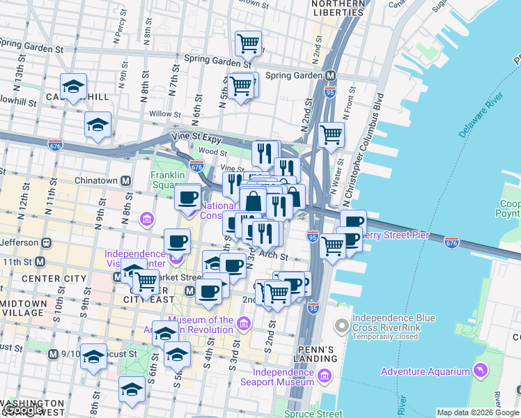 map of restaurants, bars, coffee shops, grocery stores, and more near 203 North 3rd Street in Philadelphia