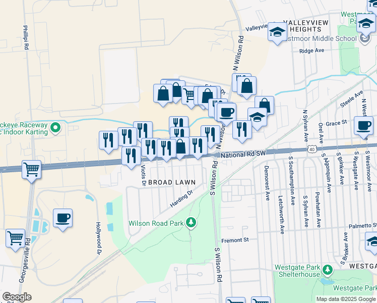 map of restaurants, bars, coffee shops, grocery stores, and more near 3610 West Broad Street in Columbus