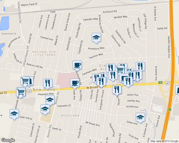 map of restaurants, bars, coffee shops, grocery stores, and more near 4974 Eastham Way in Columbus