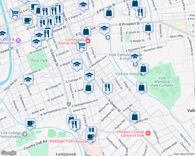 map of restaurants, bars, coffee shops, grocery stores, and more near 723 South Queen Street in York