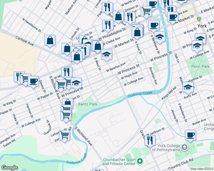 map of restaurants, bars, coffee shops, grocery stores, and more near 227 South West Street in York