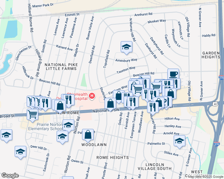 map of restaurants, bars, coffee shops, grocery stores, and more near 4994 Eastham Way in Columbus