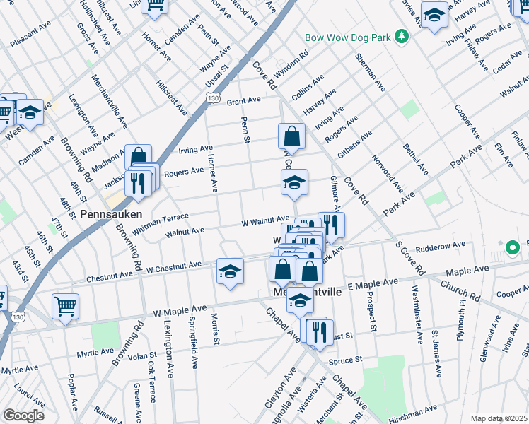 map of restaurants, bars, coffee shops, grocery stores, and more near 27 West Walnut Avenue in Merchantville