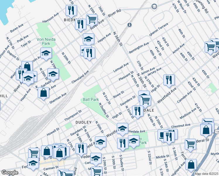 map of restaurants, bars, coffee shops, grocery stores, and more near 529 Beideman Avenue in Camden