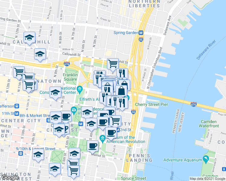 map of restaurants, bars, coffee shops, grocery stores, and more near 225 Race Street in Philadelphia