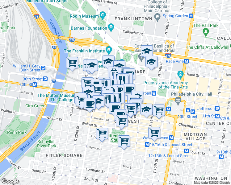 map of restaurants, bars, coffee shops, grocery stores, and more near 1900 Market Street in Philadelphia