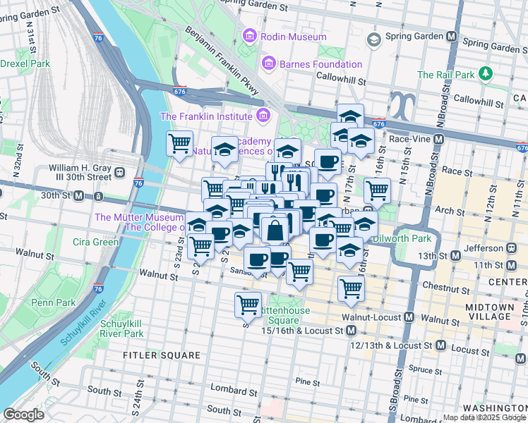 map of restaurants, bars, coffee shops, grocery stores, and more near 1919 Market Street in Philadelphia