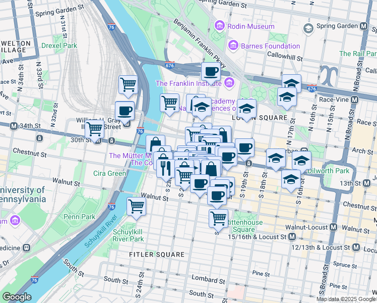 map of restaurants, bars, coffee shops, grocery stores, and more near 2130 Market Street in Philadelphia