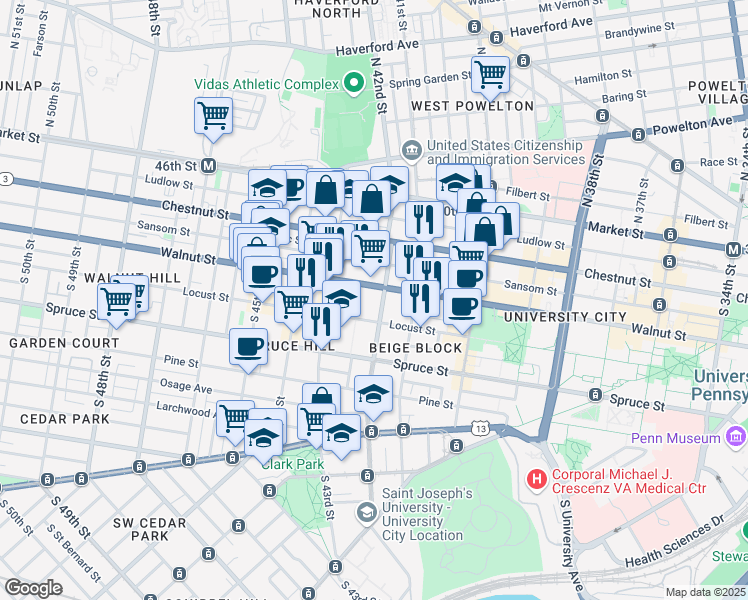 map of restaurants, bars, coffee shops, grocery stores, and more near 206 South 42nd Street in Philadelphia