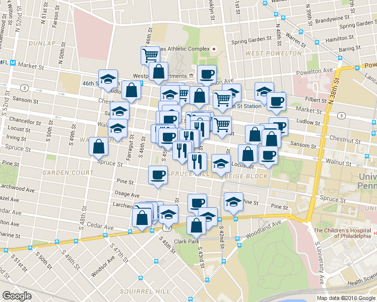 map of restaurants, bars, coffee shops, grocery stores, and more near in Philadelphia