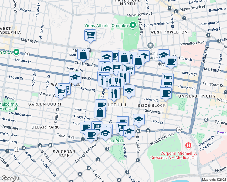 map of restaurants, bars, coffee shops, grocery stores, and more near in Philadelphia