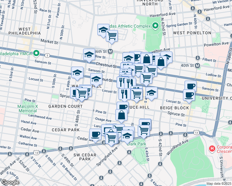 map of restaurants, bars, coffee shops, grocery stores, and more near 4520 Locust Street in Philadelphia
