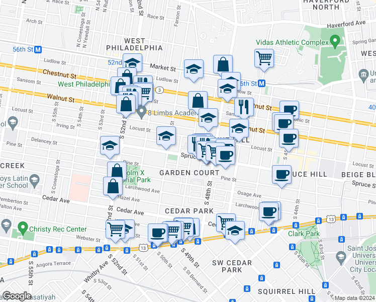 map of restaurants, bars, coffee shops, grocery stores, and more near 4901-09 Spruce Street in Philadelphia