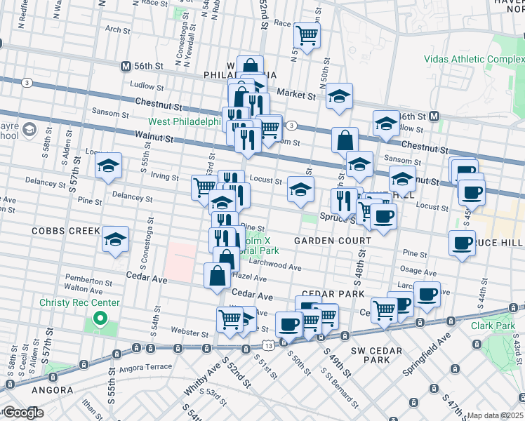 map of restaurants, bars, coffee shops, grocery stores, and more near 5127 Delancey Street in Philadelphia