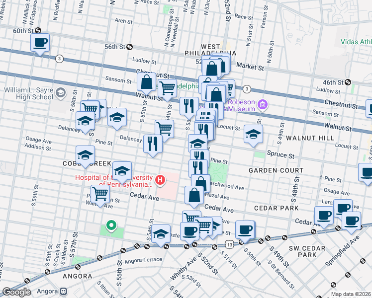 map of restaurants, bars, coffee shops, grocery stores, and more near 327 South 53rd Street in Philadelphia