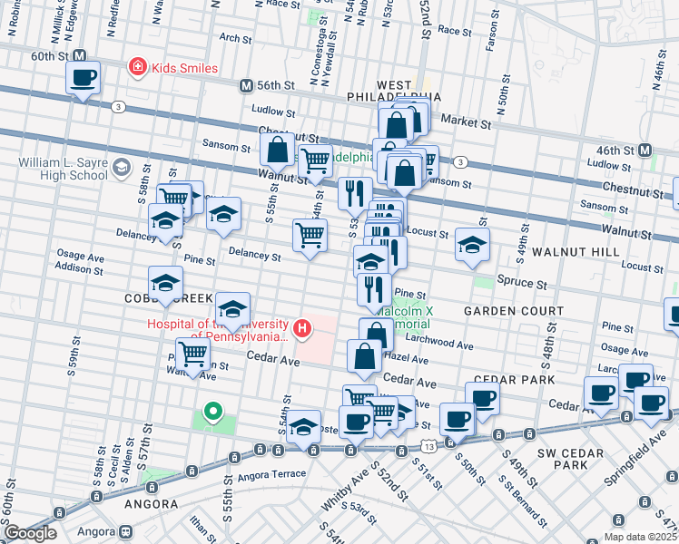 map of restaurants, bars, coffee shops, grocery stores, and more near 5308 Delancey Street in Philadelphia